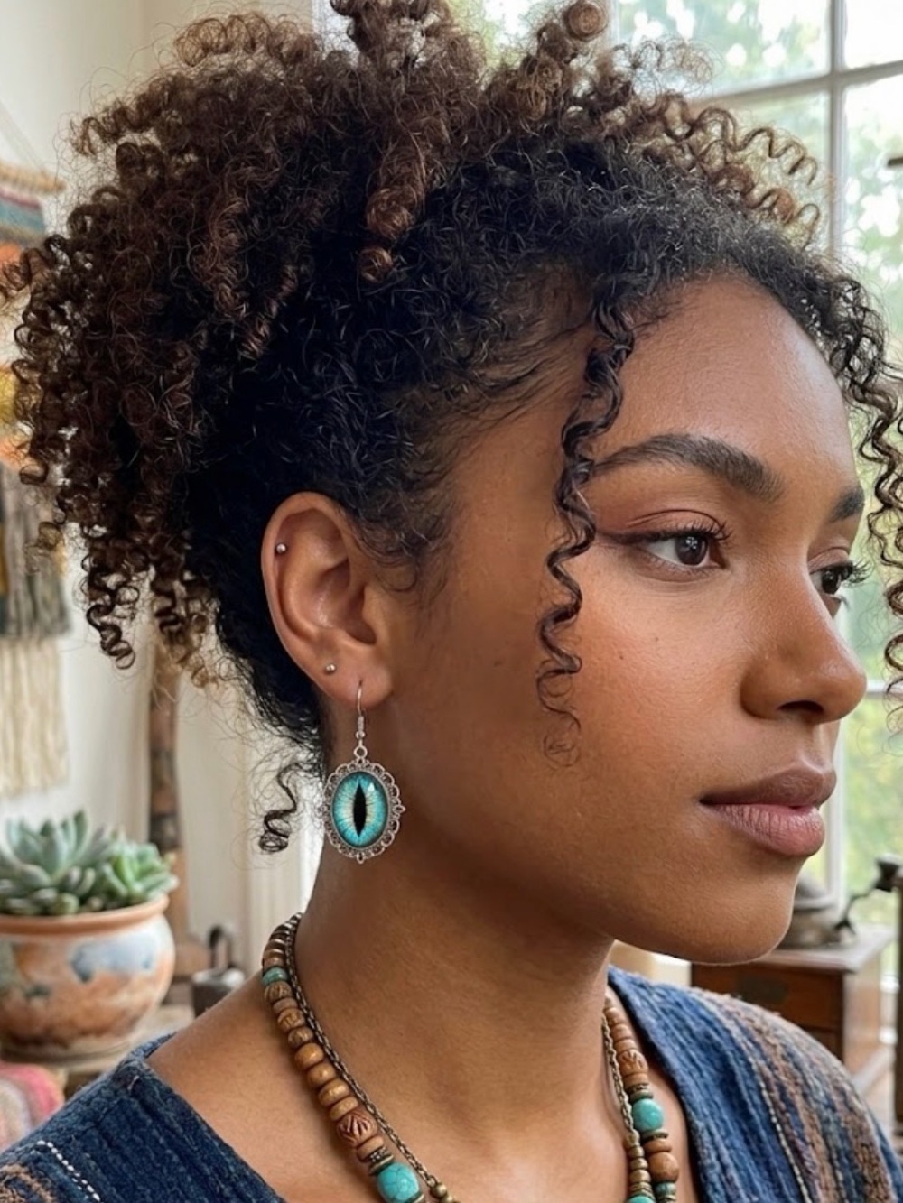 Silver ton Filigree Dragon Eye Dangle Earrings - Turquoise Green